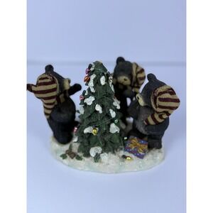 Adorable Bear Family Decorating Christmas Tree Figurine Winter Holiday Scene